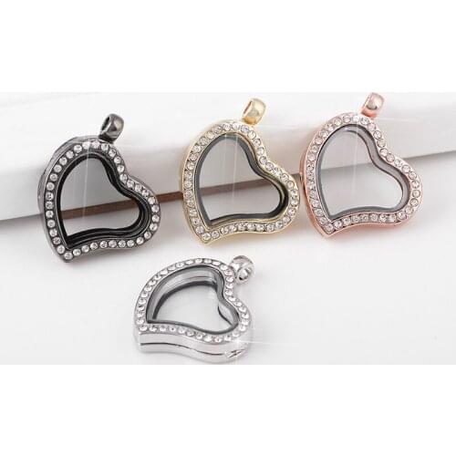 10pcs/lot New Fashion Silver Glass Heart locket with Rhinestone Necklaces&Pendants for Jewelry making Wholesale Free shipping