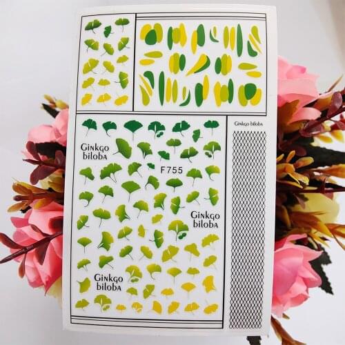 3D Stickers for Nails Ginkgo Biloba Green Yellow Leaf Nail Art Decoraciones Sliders Self Adhesive Design Manicure Accessories