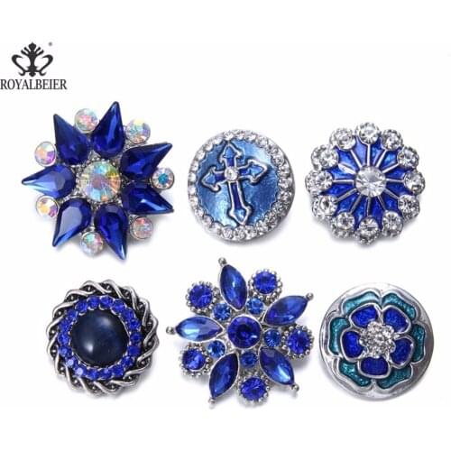 6pcs/lot Multi Color 18mm Snap Buttons Blue Metal Charms Mixed Pattern Snap Bracelet 18mm For 18mm/20mm Snap Jewelry KZ0907b