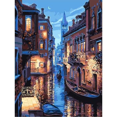 Watery City House Scenic Diamond Painting Round Full Drill Nouveaute DIY Mosaic Embroidery 5D Cross Stitch Night Scenery