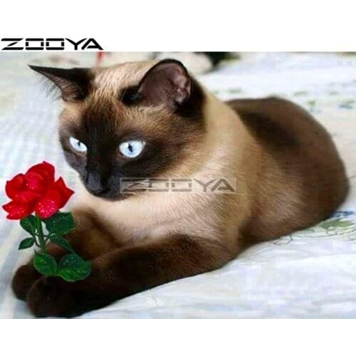 Diamond Embroidery 5D Round Diamond Painting Wall Sticker Cat Holding A Flower Pictures Of Rhinestones Cross-Stitch Kits R1528