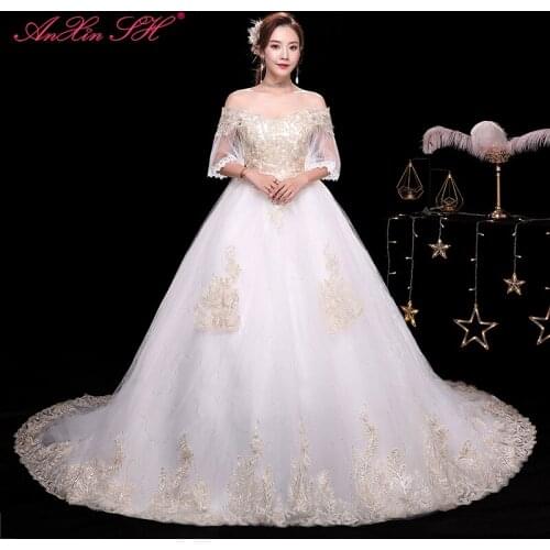 AnXin SH princess champagne flower lace white wedding dress party vintage boat neck ruffles illusion white train wedding dress