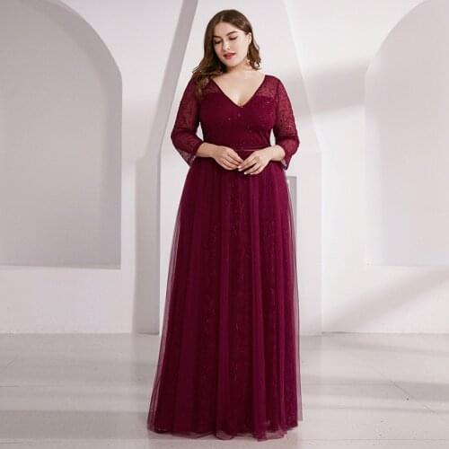 Sequins Three Quarter Sleeves Evening Dress V-Neck Floral Print A-Line Elegant Floor-Length Plus Size Women Formal Gowns D981