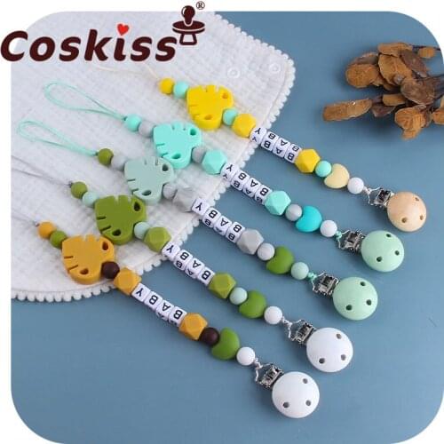 Coskiss Personalized Name Pacifier Clips Nipple Holder Leaf Silicone Teether Beads Teething Toy Hang Strap Lollipop Attachme