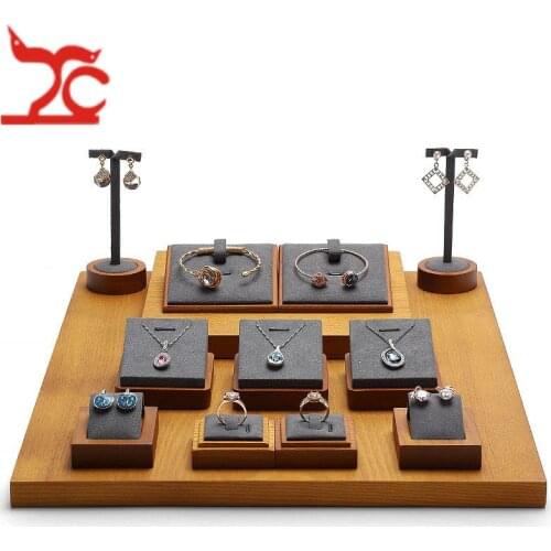 Custom Wood Jewelry Display Counter Set Wooden Necklace Bangle Windows Jewellery Display Stand Solid Wood Jewelry Display