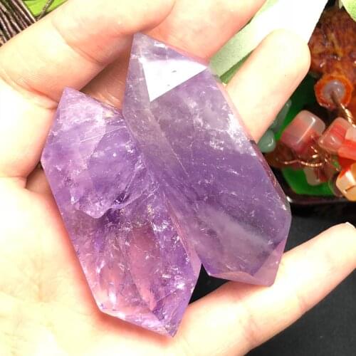 2Pcs Natural amethyst double - pointed pillars, beautiful arts and crafts home decoration