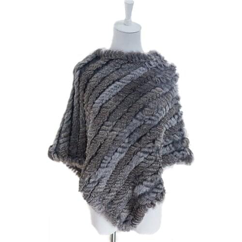 Winter Fur Cape Women Real Rabbit Fur Shawl Wraps Warm Poncho Coat Hand-Woven Soft Brown Grey