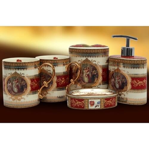 EU Classical Bathroom Luxurious Ivory Porcelain Five-piece Suit Toilet Wash Gargle Mug+Lotion Bottle+Soap Dish+Toothbrush Holder