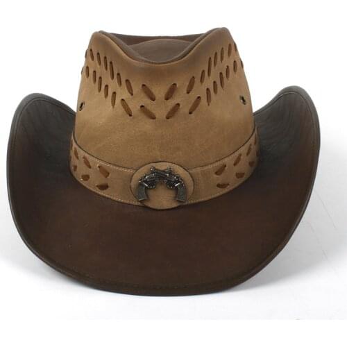 100% Leather Men Western Cowboy Hat Classic Gentleman Dad Cowboy Sombrero Hombre Caps Godfather Hats Size 58-59CM Dropshipping