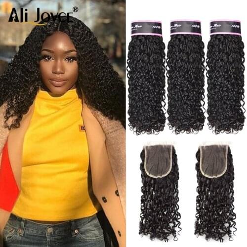 Pixie Curl human hair bundles 4x4 Lace Closure Double Drawn Funmi Hair Bundles With Closure Brazilian Remy Hair #1B Ali Joyce