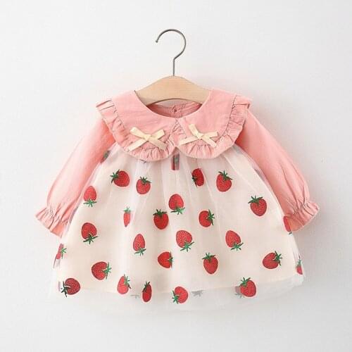 Sweet Outfits Autumn Girls Kids Princess Dress Children Baby Infants Long Sleeve Mesh Strawberry Dresses Vestidos S12773