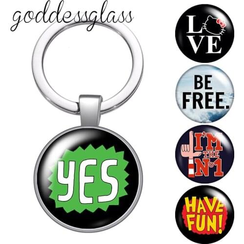 Letters BE FREE hello love Fashion Round glass cabochon keychain Bag Car key chain Ring Holder Charms keychains for Gifts