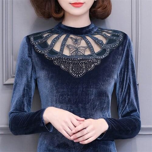 New Autumn Slim Women Gold Velvet Blouses Female Plus Size Long Sleeve O-neck Add Velvet Shirts Pullovers Winter Bottomings 897