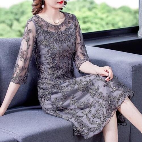 Spring Summer Women Female 3/4 Sleeve Embroidery Grey Dress , Slim Sequined 4xl Middle Length Mesh Dresses for Woman