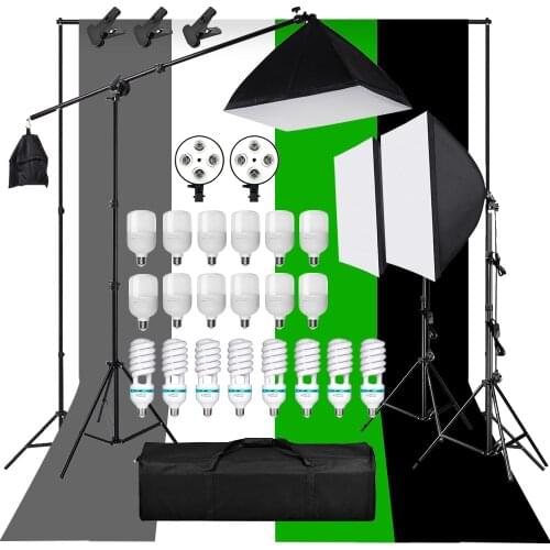 Professional Photography Lighting Equipment Kit 135W 4 Socket Lamp Holder Cantilever Boom Arm Green Background Backdrop Cloth