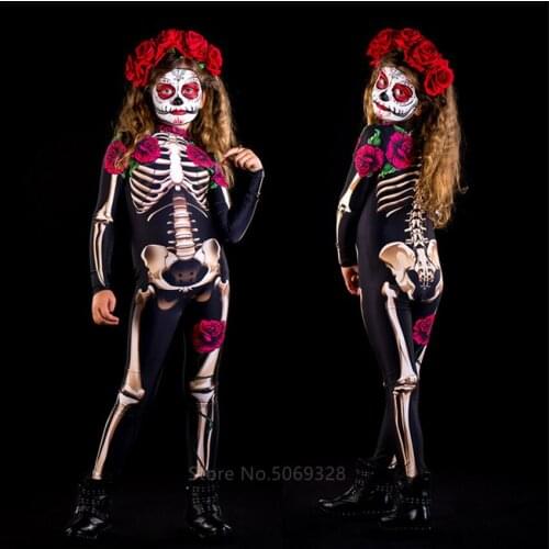 Family Costumes Halloween Devil Costume Women Skeleton Rose Horror Ghost Jumpsuit Performance Scary Kids Girl Day of The Dead
