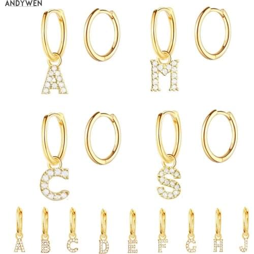ANDYWEN 925 Sterling Silver Gold 26 Letters Drop Earring Initial A M Pendiente Piercing Ohrringe European Rock Alphabet Jewelry