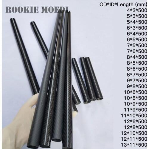 ROOKIE MODEL 2pcs 500mm Length 3k Full Carbon Fiber Tube OD4 5 6 7 8 9 10 11 12 13mm for Drones, Fishing Rods, Kites and Tripods