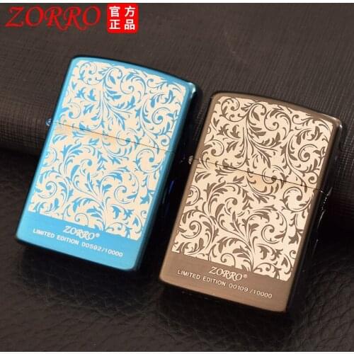 Zorro Kerosene Lighter Side Carved Tanggrass Pattern Personality Creative Vintage Grinding Wheel Lighter Men’s Smoking Gift Box