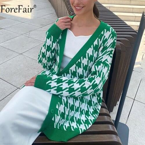 Forefair Houndstooth Print Green Knitted Sweater Top Autumn Winter Fashion V Neck Long Sleeve Button Women Casual Loose Cardican