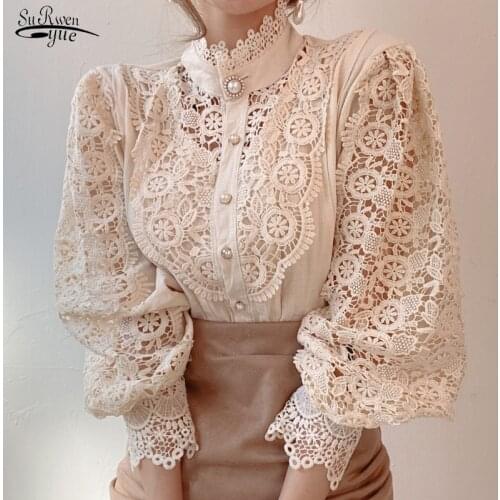 Stand Collar All-match Femme Blusas Petal Sleeve Women Blouse Chic Button Hollow Out Flower Lace Patchwork Shirt White Top 12419