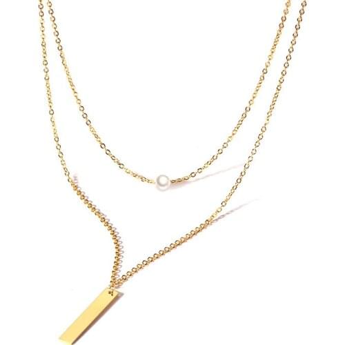 Fashion Stainless Steel Love Double-deck Chain Square Pendant Necklaces Simulated Pearl Gold Color Women Female Xmas Gift