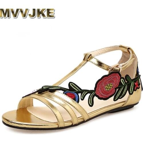 MVVJKE 2020 New Direct Shipping Sandals Women Slippers Ladies Women Sandals Fashion Flat Roman Rose Embroidery Floral Casual