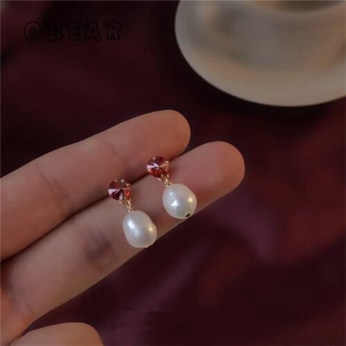 OBEAR 14k Real Gold Plated Oval Red Zircon Pearl Stud Earrings Women Simple Temperament All-Match Banquet Jewelry