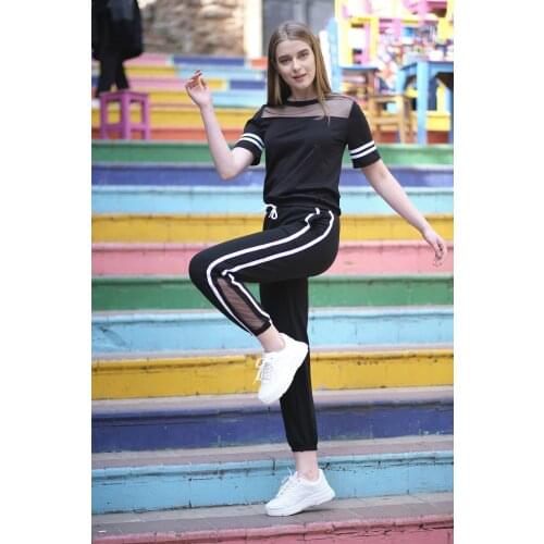 Womens Black Fishnet And Ribbon Detail Tracksuit Set, Sports, Running, Cotton Soft Fabric, casual, Daily, Wheel trotter