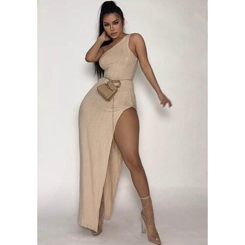 Pink Khaki One Shoulder Ribbed Knitted Dress Woman Sleeveless Side High Split Party Club Dress Summer Ladies Irregular Vestidos