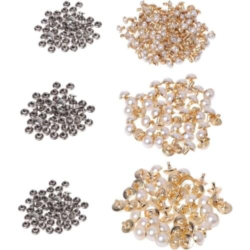 100x Imitation Pearls With Rivets Studs Leather Bag Shoes Clothes Crafts Decor D0AC