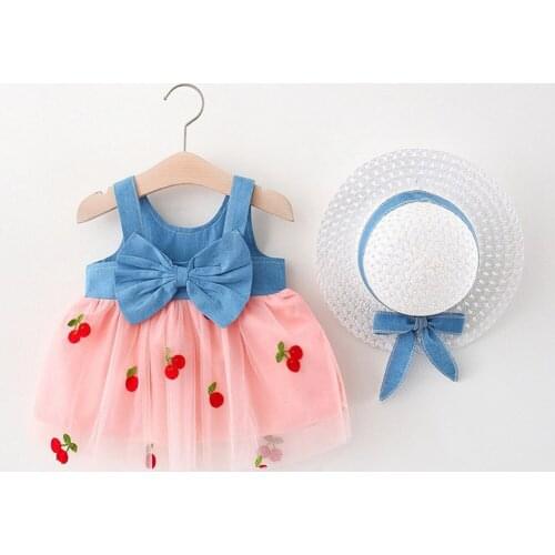 2021 Summer Girls Kids Dress Cherry Bow Sleeveless Children Baby Infants Princess Mesh Patchwork Dresses Vestidos+Hat S12131