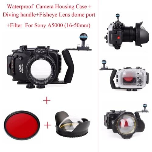 40m/130ft Waterproof Underwater Diving Camera Housing Case For Sony A5000 16-50mm +Diving handle+Fisheye Lens dome port + Filter