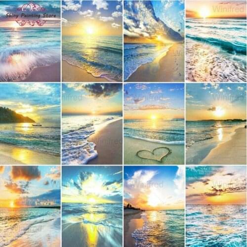 Diamond Embroidery Beach Sunset Sunrise Scenery Rhinestone painting Gold Bright Sea DIY Diamond Painting Cross Stitch Home Decor