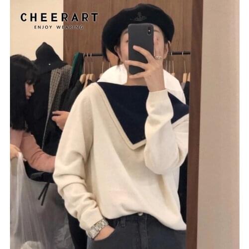 CHEERART Preppy Style Wool Blends White Sweater Women Pullovers Fall Winter 2021 Color Block Sweater Knitted Sweater Loose Top