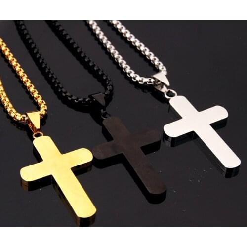 Hot Sale Stainless Steel Smooth Christian Cross Mens Boys Daily Jewelry Pendant Necklace Free Box Link Chain 24inch Hot Gift