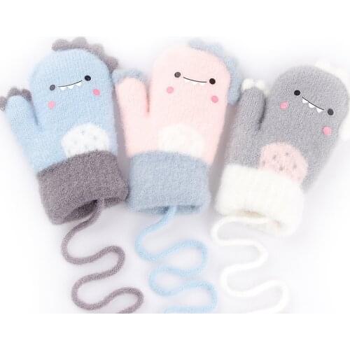 Autumn Winter Baby Gloves Cartoon Dinosaur Knitted Kids Girls Boys Full Finger Gloves Soft Thick Warm Children Toddler Mittens