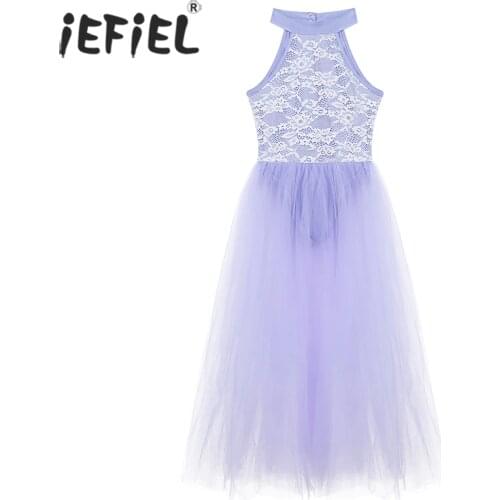 Kids Teen Backless Tutu Dress Floral Lace Over-Bodice Ballet Lyrical Dance Costumes Gymnastics Leotard for Girls Long Dress