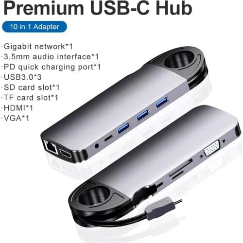 HW-TC28 10-in-1 type c USB C Docking Station USB Hub to HDMI- compatible/SD/TF/USB 3.0/PD RJ45 1000Mbps Port for MacBook Pro Chr