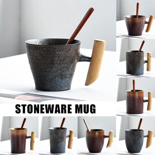Handmade Stoneware Ceramic Mug Cup Wooden Handle Travel Type Coffee Milk Mug Cups Unique Vintage Design Gift For Friends