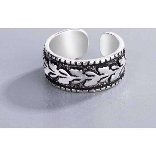 New Retro Temperament Leaf 925 Sterling Silver Jewelry Personality Wide Thai Silver Embossed Olive Leaf Opening Rings SR497
