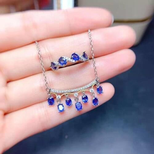 Natural Sapphire Tassel Necklace Ring Set S925 Sterling Silver Fine Fashion Jewelry for Women MeibaPJFS
