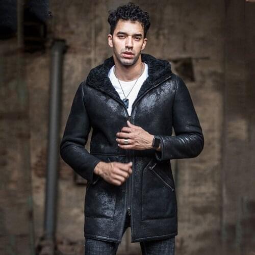 New Mens B3 Shearling Jacket Black Leather Jacket Long Fur Jacket Trench Coat Hooded Mens Sheepskin Coat