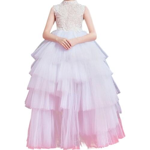 New Little Girls' Princess Tulle High Neck Wedding Dress Sleeveless Lace Embroidery Flower Girls Dress