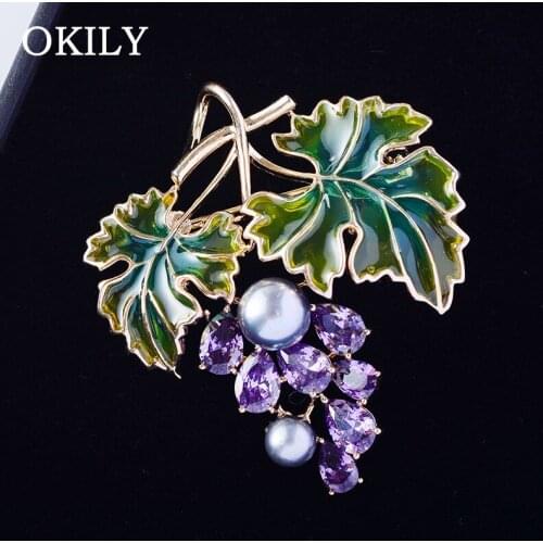 OKILY New Purple Zircon Grape Brooches for Women Luxury Enamel Fruits Brooch Pin Jewelry Wedding Corsage Dress Coat Accessories