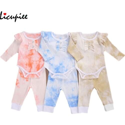 2020 Autumn Newborn Baby Girls Clothing Set Toddler Ruffle Long Sleeve Tie Dye Bodysuits + Elastic Waist Trousers 0-18 Months