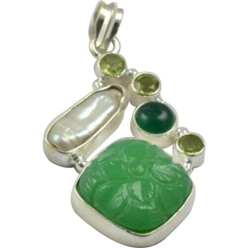 Lovegem Nature Green Caeved Flower & Biwa Pearl Pendant 925 Sterling Silver, 44.3 mm, MHBAP4914