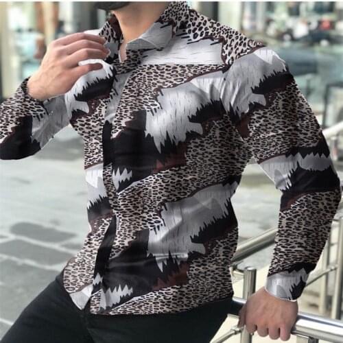 Mens Leopard Printed Turndown Collar Long Sleeve Oversized Ethnic Shirt 2021 New Autumn Man Vintage Shirt chemise Homme Clothing
