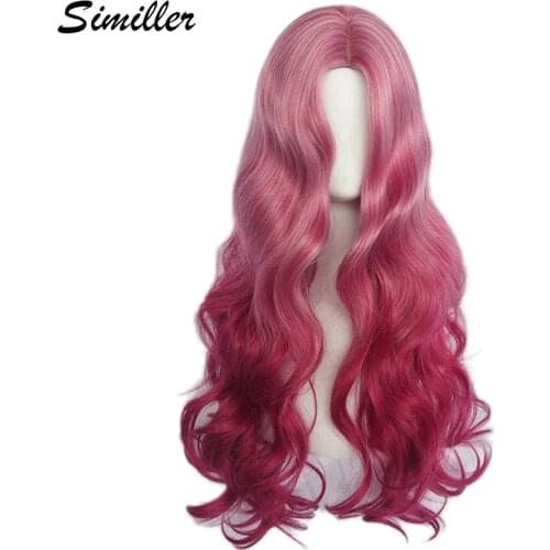 Similler Rose Red Highlight Central Parting Long Synthetic Wigs for Women Cosplay High Temperature Fiber Curly Hair