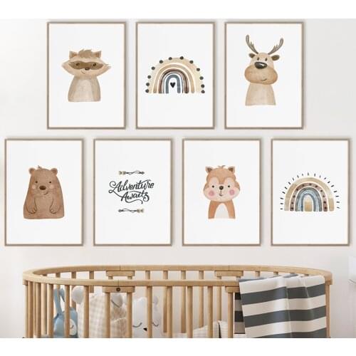 Nordic Posters And Prints Cartoon Raccoon Fox Bear Deer Rainbow Quote Wall Art Canvas Painting Wall Pictures For Kids Room Decor
